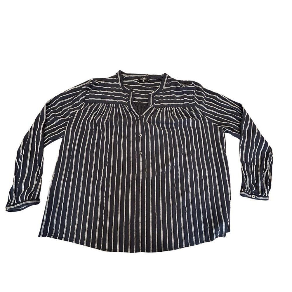 Lucky Brand Shirt Womens 2X Quarter  Button Black 3/4 Striped Sleeve  Blouse Top